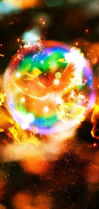 Transport yourself to a magical realm with this phone live wallpaper featuring a stunningly colorful object surrounded by swirling fire particles