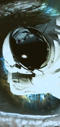 This phone live wallpaper showcases a stunning close-up of an astronaut in a space suit against a beautiful backdrop of the galaxy