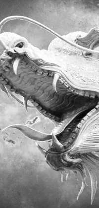 This live phone wallpaper features a powerful black and white photo of a dragon head