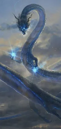 This vibrant phone live wallpaper showcases a stunning blue dragon soaring through a cloudy sky, accompanied by silver serpent portraits
