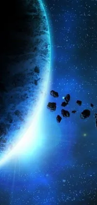 This stunning phone live wallpaper features a space station in the sky amidst a deep blue atmosphere, with a flurry of asteroids hurtling towards it