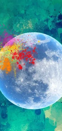 This phone live wallpaper showcases a creatively designed full moon with mesmerizing paint splatters in vibrant tones