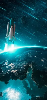 This space-themed live wallpaper features a stunning view of a space shuttle flying over the earth