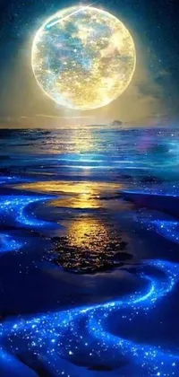 This stunning live wallpaper depicts a full moon illuminating the vast ocean with an enchanting aura