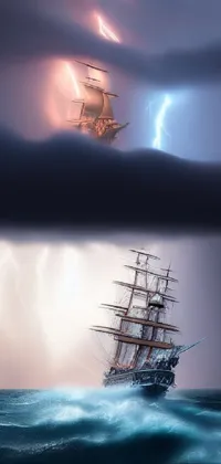 Experience the power and drama of a ship in the middle of a storm with this captivating live wallpaper