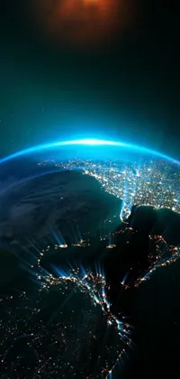 Enjoy a stunning live wallpaper of the earth from space at night, inspired by digital art that gives the land masses and ocean currents a vibrant electric blue and green glow