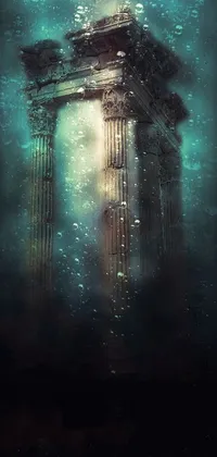 This phone live wallpaper features a stunning digital artwork of a building located in the center of a deep sea