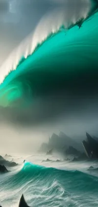 This live wallpaper showcases a stunning matte painting depicting a surfer riding a colossal wave