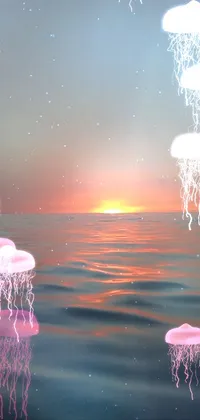 This phone live wallpaper features a group of serene jellyfish floating on calm waters in a digital rendering
