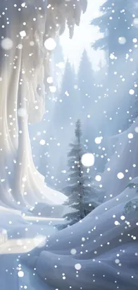 This live wallpaper features a wintery forest landscape with deep snow, enveloped in a magical atmosphere