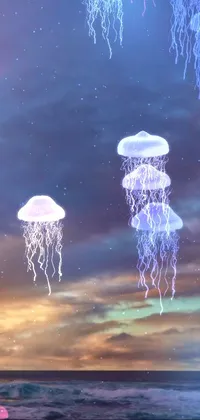 This mesmerizing live phone wallpaper features a serene body of water with a group of ethereal jellyfish floating above it