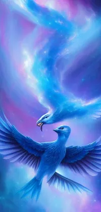 This phone live wallpaper showcases a captivating airbrush painting of two birds gracefully soaring across a serene, sky blue background
