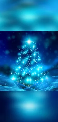 This phone live wallpaper depicts a beautiful Christmas tree on a snowy ground, emanating a calming blue aura