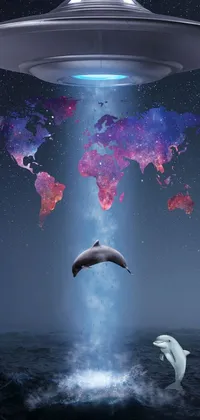 This stunning live phone wallpaper features a surreal scene of a dolphin jumping out of the water in front of a flying saucer, with a mesmerizing concept art and a touch of sci-fi movie poster vibe