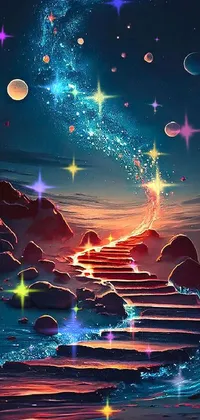 This stunning phone live wallpaper features a highly detailed and vibrant digital art stairway that seems to lead straight up into the stars in the sky