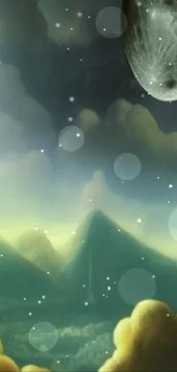 This phone live wallpaper features a mesmerizing surreal painting of a full moon in the sky, surrounded by a yellow green smog sky and alien mountains