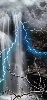 This live wallpaper features a surreal and captivating depiction of a waterfall with lightning bolts emerging from it