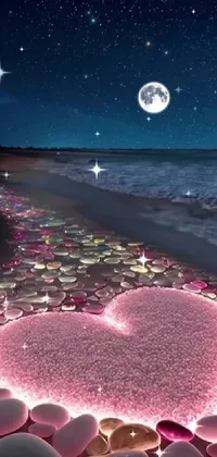 Enjoy a stunning phone live wallpaper featuring a pink heart on a calm beach by the ocean
