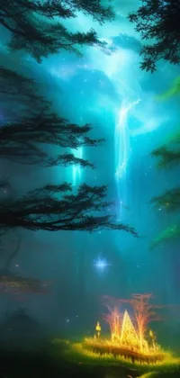 This phone live wallpaper features a serene forest with green and purple lights