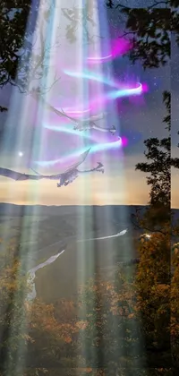 This live phone wallpaper features a surreal plane flying through a dreamy, holographic sky