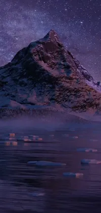 This live wallpaper features a breathtaking winter landscape with a snow-covered mountain and serene body of water