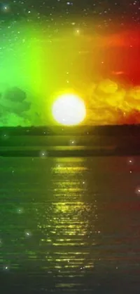 Get ready to feel relaxed with this phone live wallpaper featuring a stunning rainbow-colored sky over a body of water