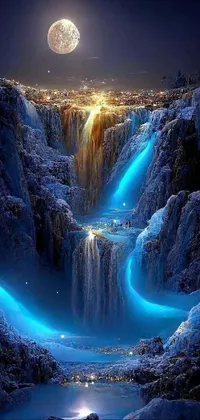 Get lost in the beauty of this stunning <a href="/">phone live wallpaper</a> that depicts a majestic waterfall illuminated by the full moon in a magical fantasy landscape