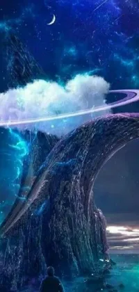 This phone live wallpaper showcases a digital art masterpiece featuring a man standing by a vast body of water, with a captivating black hole portal visible behind him