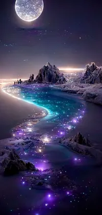 This phone live wallpaper showcases a breathtaking fantasy beach scene at night with ice glittering in the moonlight