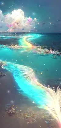This phone live wallpaper features a colorful stream of water flowing next to a beach, designed in stunning fantasy art