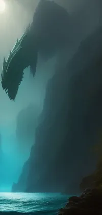 This live wallpaper for your phone features a majestic dragon in flight over a body of water
