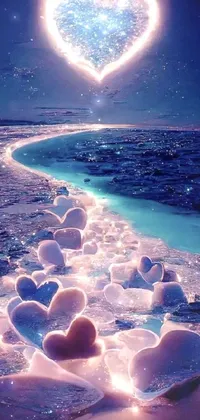 This phone live wallpaper features a group of hearts on a beautiful beach, a microscopic photo, Tumblr inspired graphics, moonlight snow, glittering ice, radiant slime trail and a variety of vibrant colors