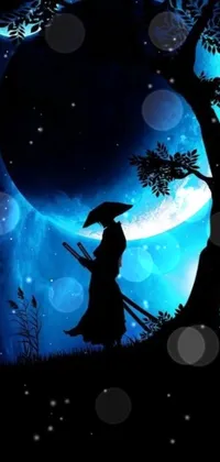 This phone live wallpaper showcases a striking samurai standing under a tree with a moon in the background