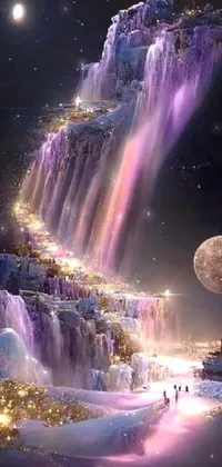 This live wallpaper features a spectacular waterfall and a glowing full moon in the background, with a captivating cosmic structure overlay