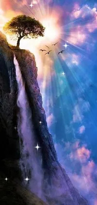 This phone live wallpaper features a magical scene of a tree atop a cliff near a stunning waterfall, brought to life with fantasy art and god rays