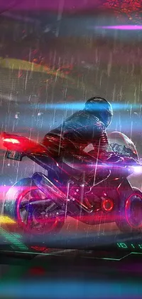 This phone live wallpaper depicts a rider on a motorcycle during a rainy day in a cyberpunk world