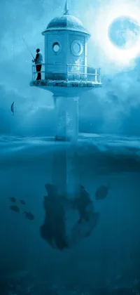 This stunning phone live wallpaper features a beautifully designed lighthouse in the middle of the ocean, lit by a bright full moon