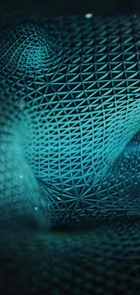 This phone live wallpaper depicts a serene body of water through a close-up of a fish net in dark teal abstract 3D rendering