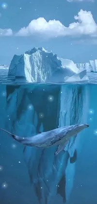 This live phone wallpaper showcases a vibrant and surreal scene of a cartoonish whale swimming beside an iceberg in the Mariana Trench