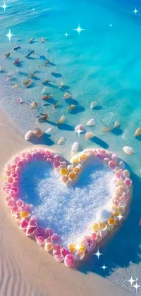 This phone live wallpaper is a stunning showcase of a heart made entirely of seashells resting on the sand