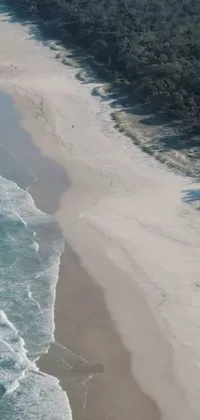 This mobile live wallpaper showcases a breathtaking view of a vast body of water next to a sandy beach