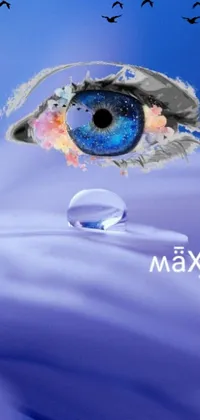 This phone live wallpaper showcases a magnificent blue eye encapsulated within a water droplet