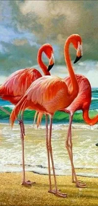 This live wallpaper features a stunning oil painting in a fantastic realism style, showcasing a exquisite couple of flamingos standing on a sandy beach