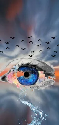This live wallpaper showcases a stunning close-up of a human eye with vibrant and colorful birds soaring in the background