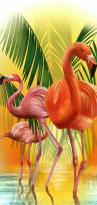 Enjoy a vibrant live wallpaper featuring two flamingos enjoying a sunny day by the palm trees
