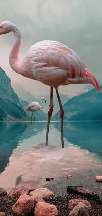 This live phone wallpaper showcases a stunning, lifelike display of a pink flamingo standing next to a body of water