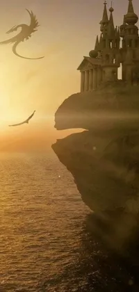 Enjoy the stunning surrealism of this phone live wallpaper featuring a majestic castle perched on a rocky cliff