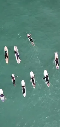 This phone live wallpaper features a group of surfers riding waves on a body of water