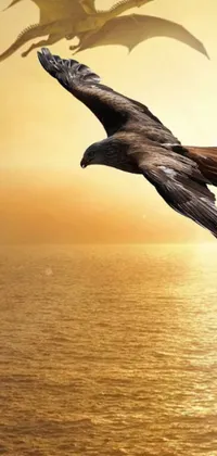 This phone wallpaper showcases an impressive imagery of a bird hovering above water