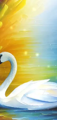This phone live wallpaper features a colorful 4k oil painting of a majestic white swan in a body of water
